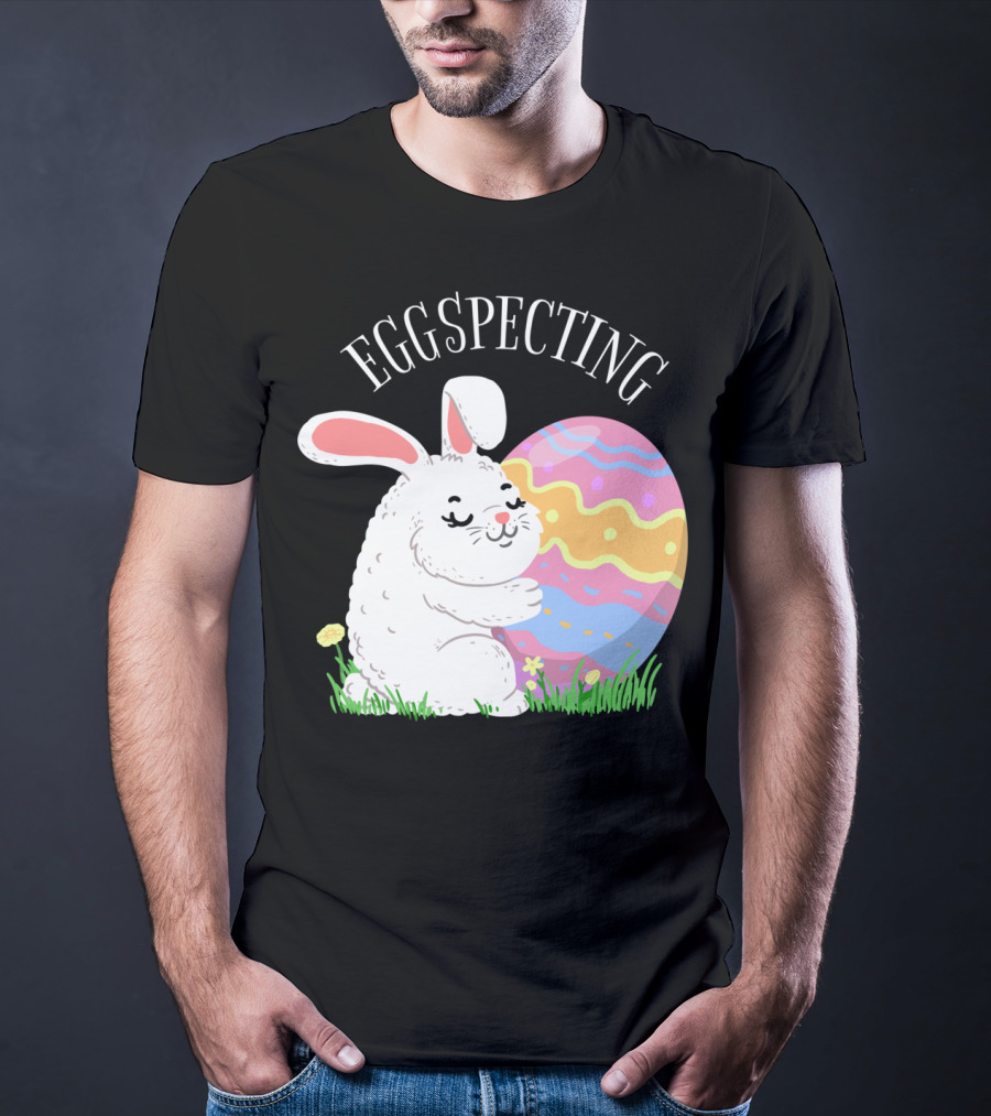 Eggspecting Easter Bunny Hugging Colorful Egg Pregnancy Announcement T-Shirt