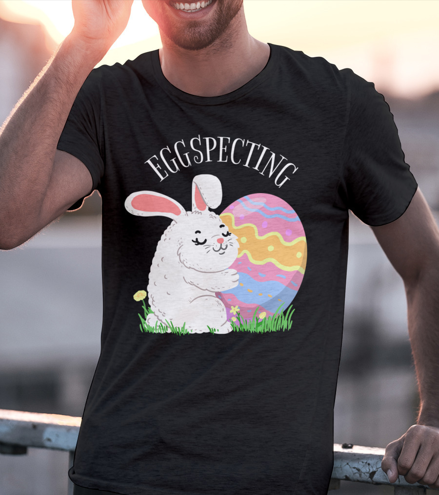 Eggspecting Easter Bunny Hugging Colorful Egg Pregnancy Announcement T-Shirt