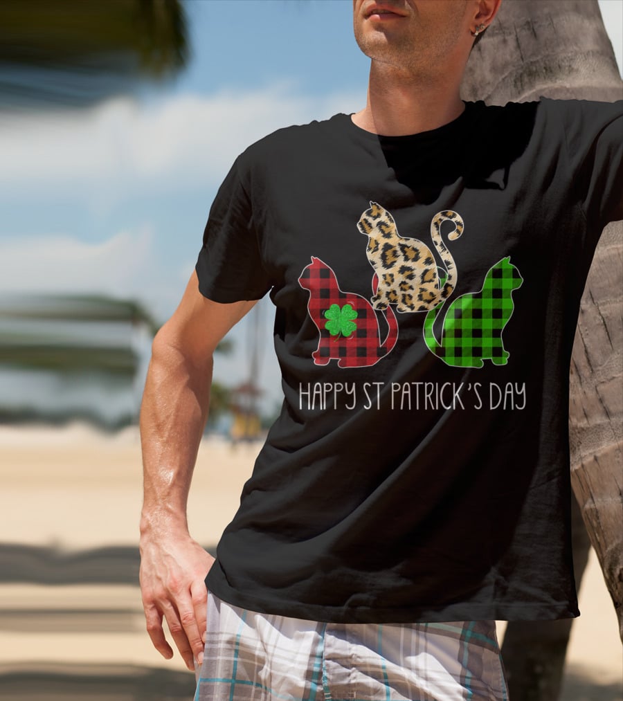 Happy St Patrick’s Day Leopard Buffalo Plaid Cat Trio T-Shirt