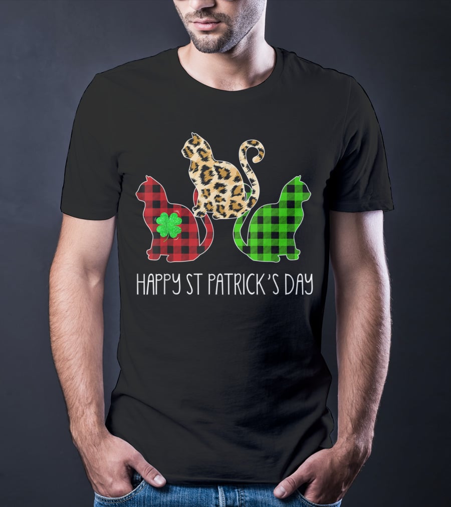 Happy St Patrick’s Day Leopard Buffalo Plaid Cat Trio T-Shirt