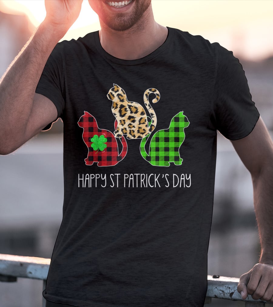 Happy St Patrick’s Day Leopard Buffalo Plaid Cat Trio T-Shirt
