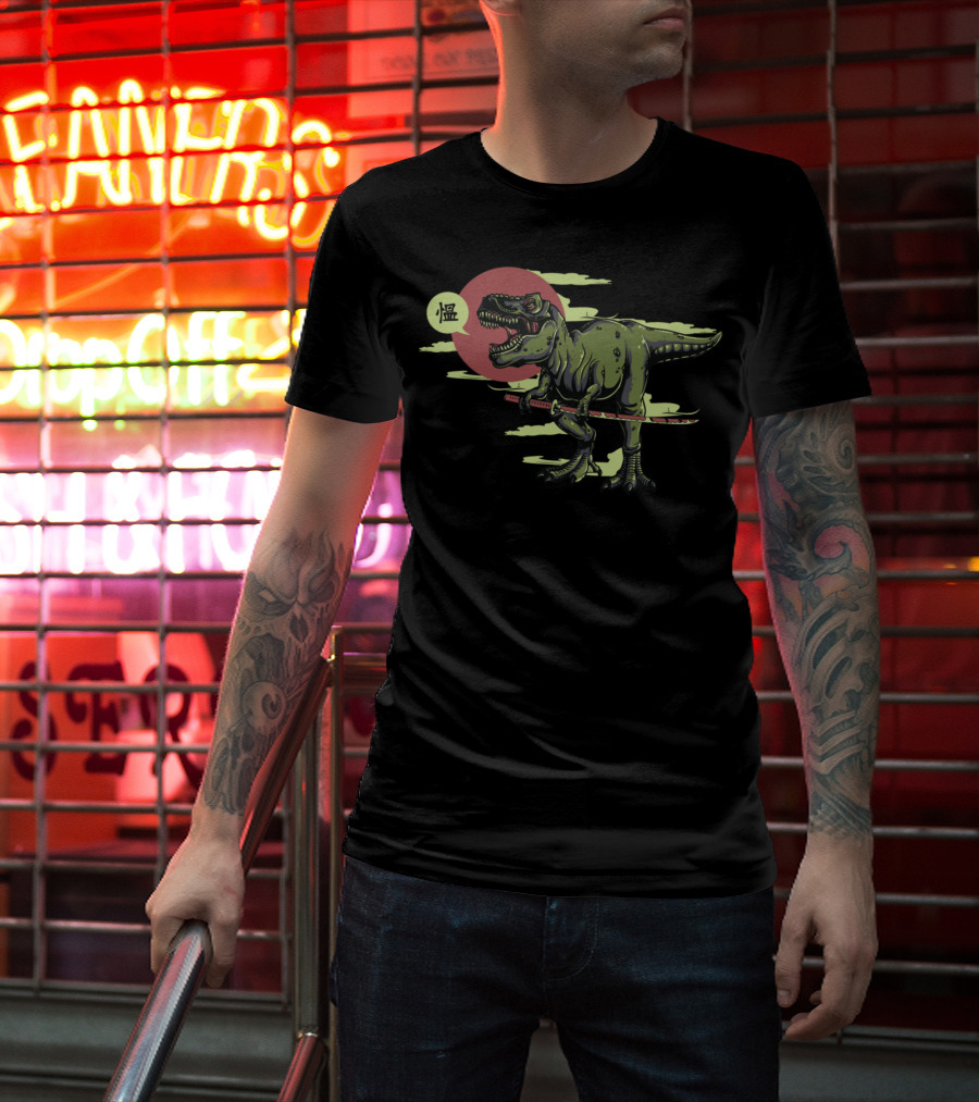 T Rex Dinosaur Samurai With Katana And Japanese T-Shirt
