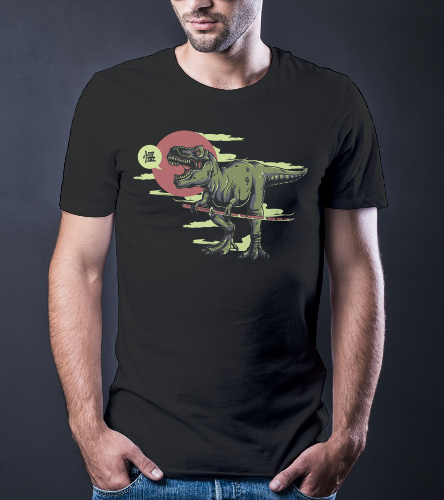 T Rex Dinosaur Samurai With Katana And Japanese T-Shirt