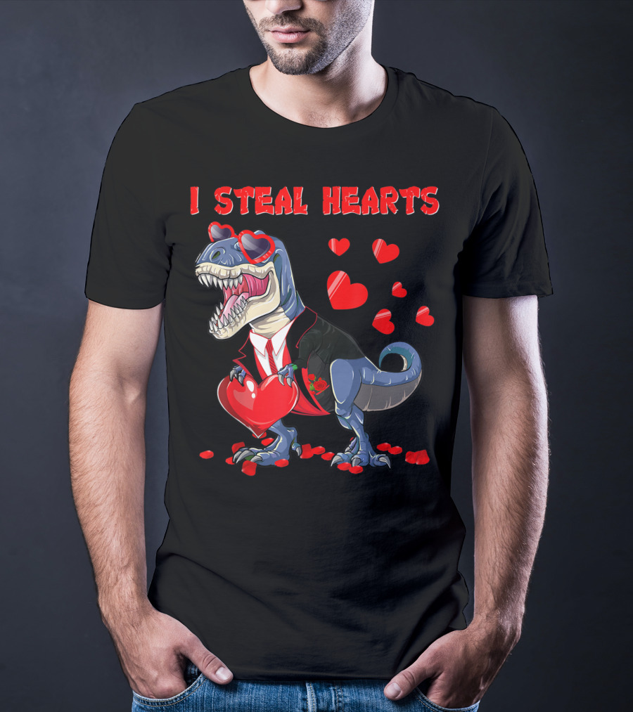 I Steal Hearts Valentines Day Dinosaur In Tuxedo With Hearts T-Shirt