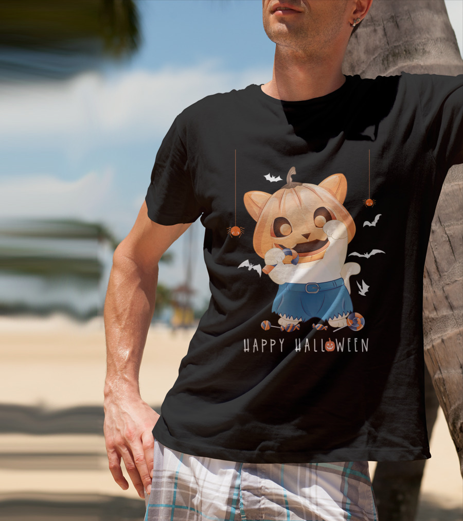 Happy Halloween Pumpkin Cat With Candy And Bats T-Shirt