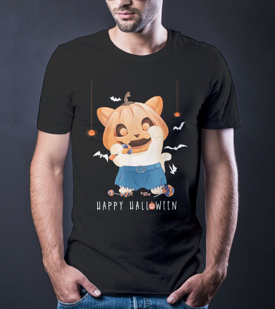 Happy Halloween Pumpkin Cat With Candy And Bats T-Shirt