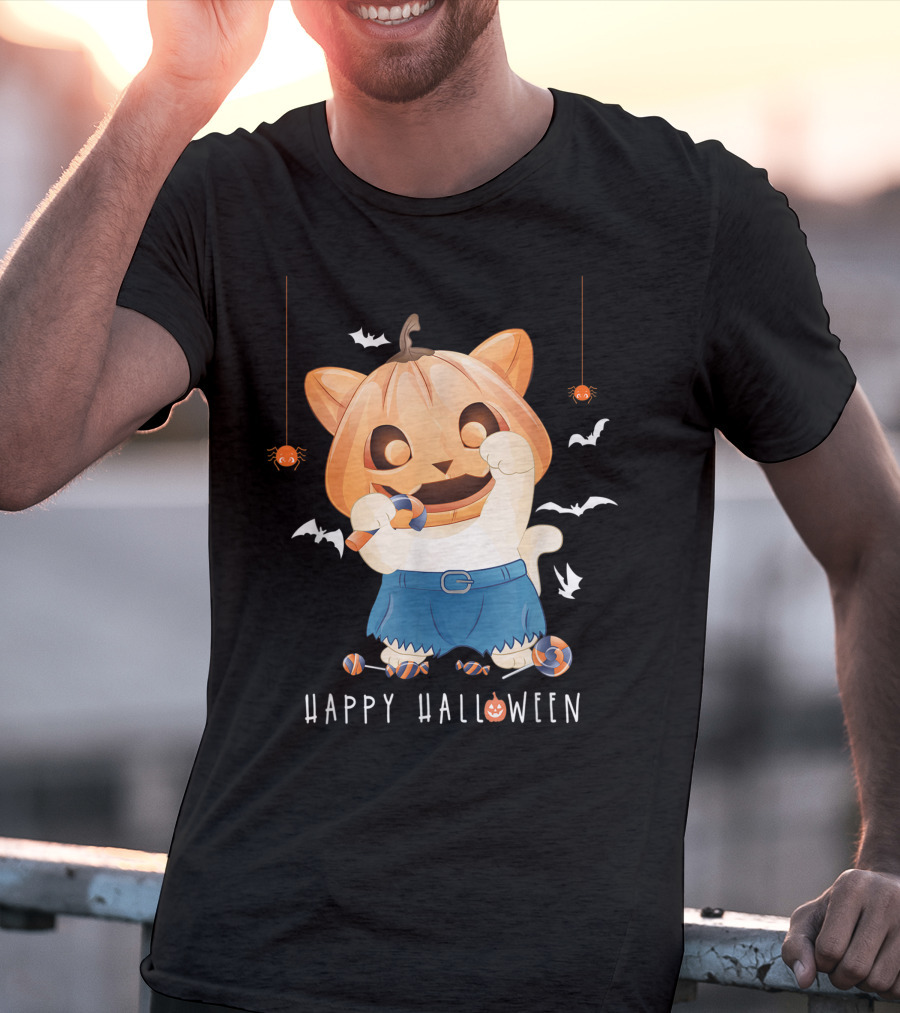 Happy Halloween Pumpkin Cat With Candy And Bats T-Shirt