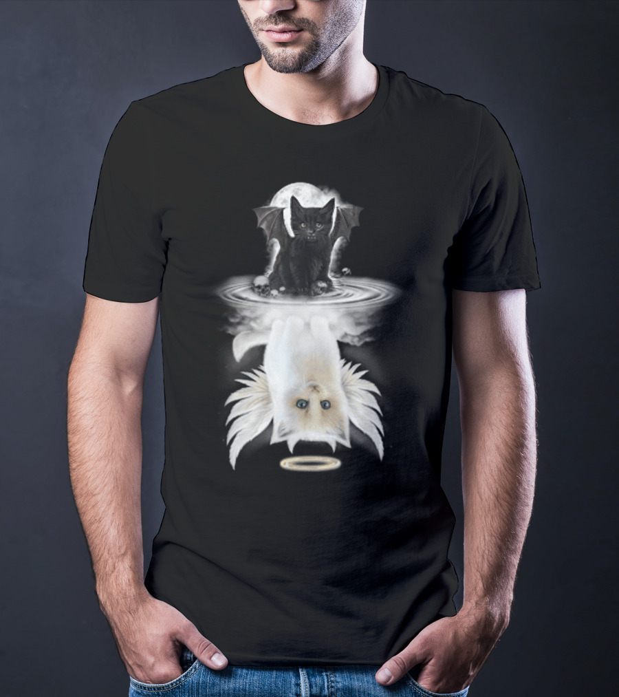 Black Cat Devil With Wings White Cat Angel With Halo Reflection Moon Skulls T-Shirt