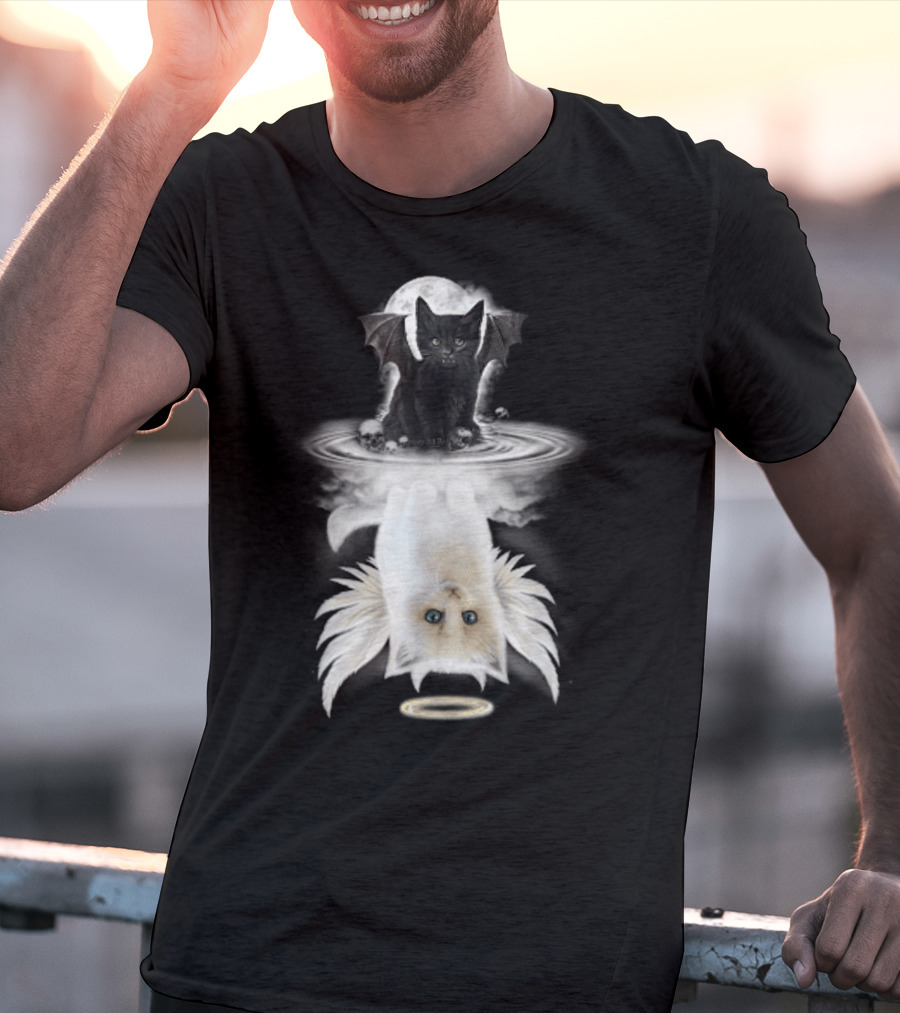 Black Cat Devil With Wings White Cat Angel With Halo Reflection Moon Skulls T-Shirt