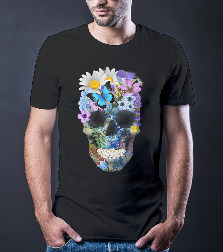 Halloween Floral Sugar Skull With Colorful Flowers And Butterfly T-Shirt