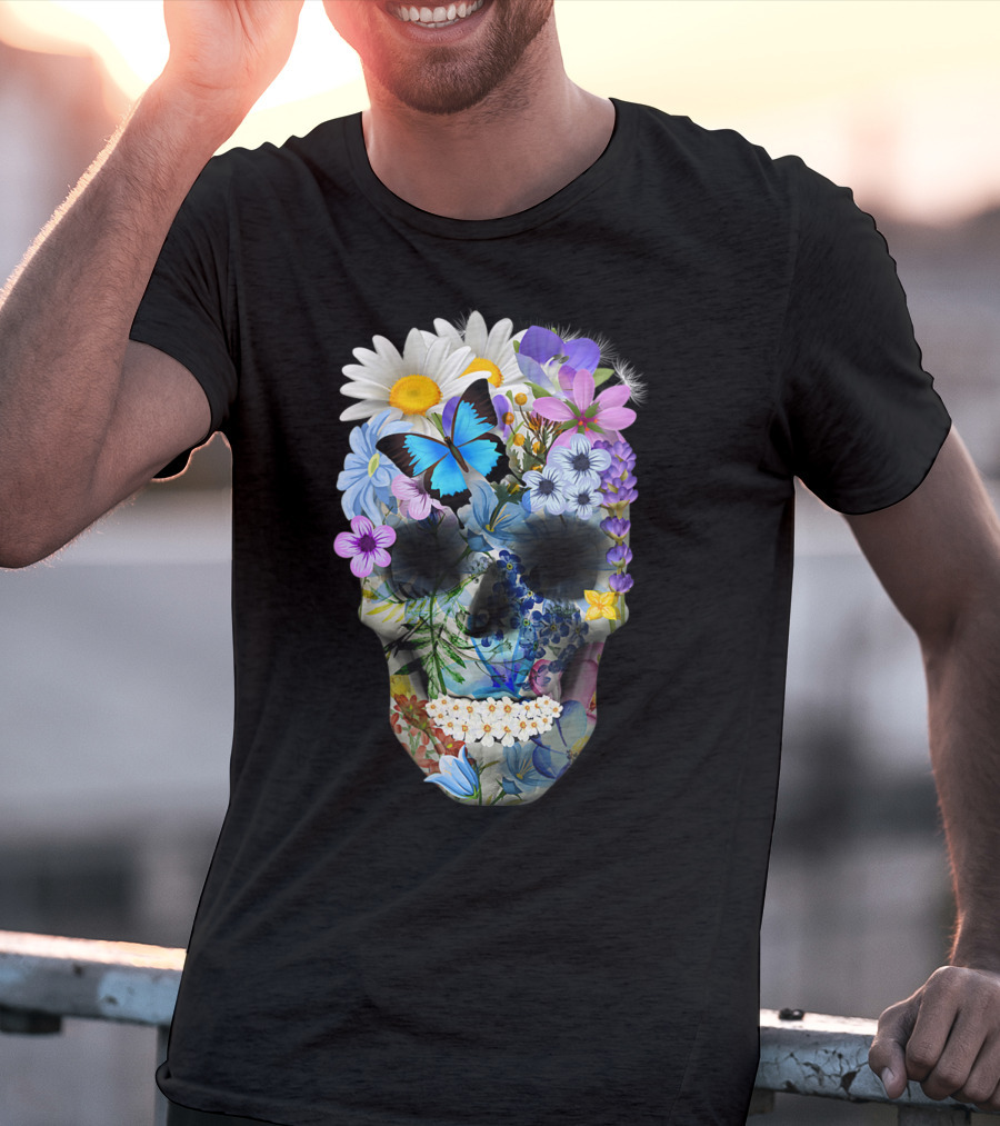 Halloween Floral Sugar Skull With Colorful Flowers And Butterfly T-Shirt