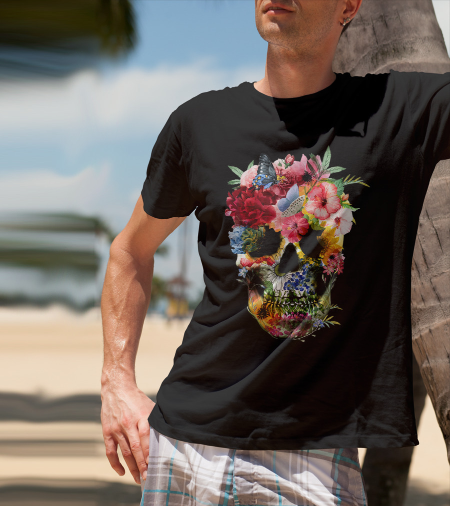 Floral Sugar Skull Butterfly Garden Bouquet T-Shirt