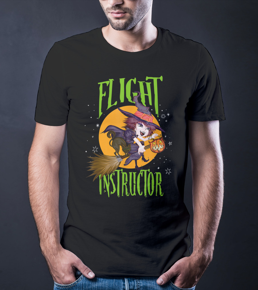 Flight Instructor Witch Broomstick Halloween Cat And Pumpkin Magic Stars T-Shirt