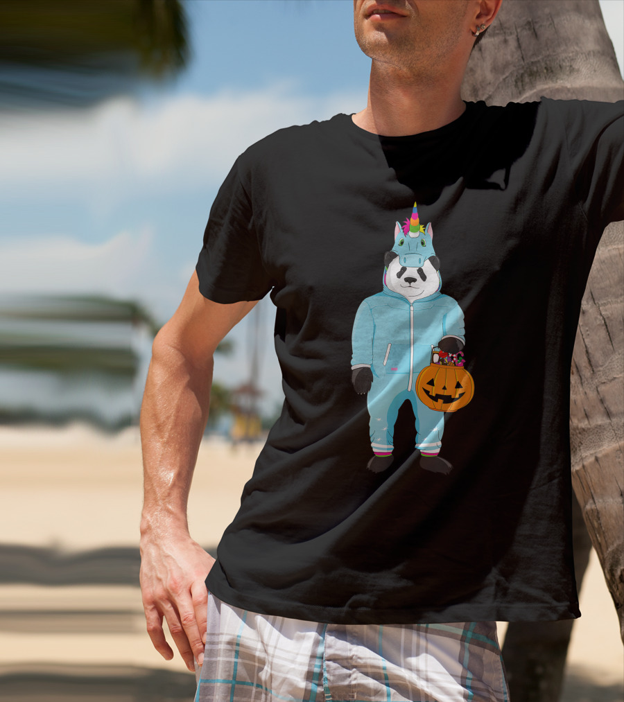Panda Wearing Unicorn Costume Holding Spooky Pumpkin Lantern In Halloween T-Shirt