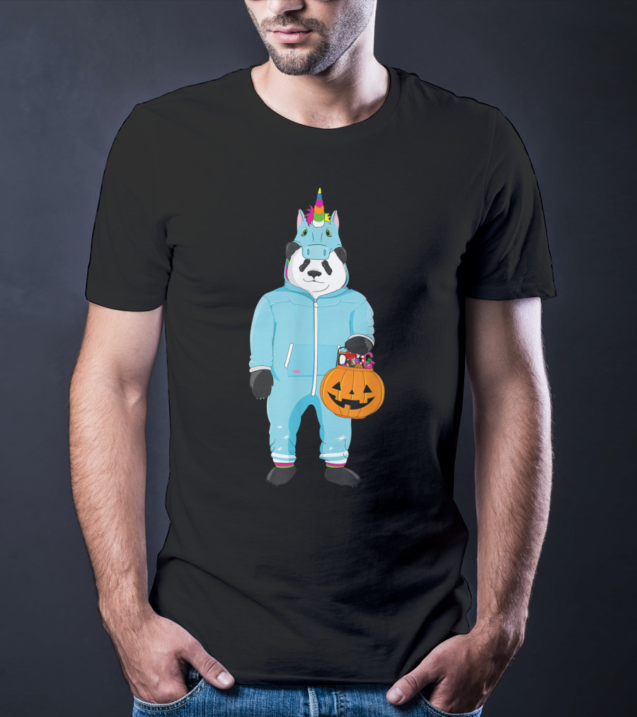 Panda Wearing Unicorn Costume Holding Spooky Pumpkin Lantern In Halloween T-Shirt