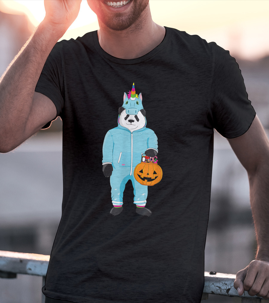Panda Wearing Unicorn Costume Holding Spooky Pumpkin Lantern In Halloween T-Shirt