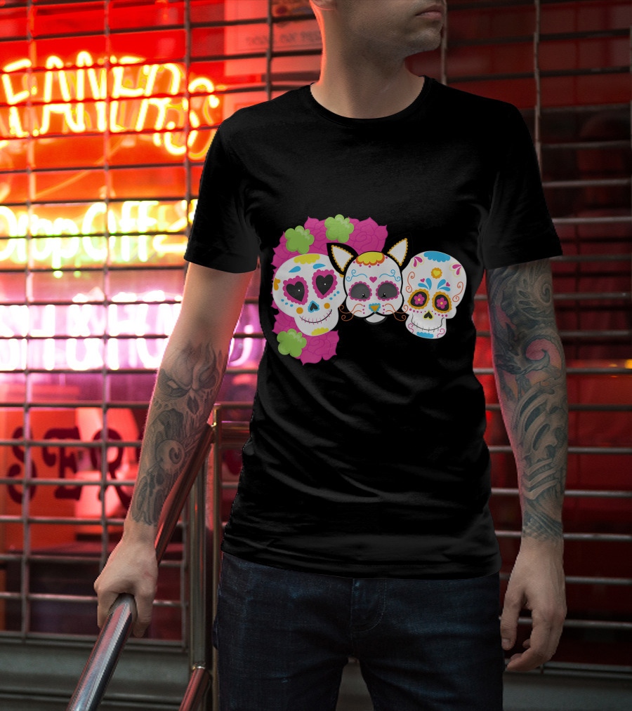 Sugar Skull Cat With Flowers Day Of Dead Floral Skulls T-Shirt