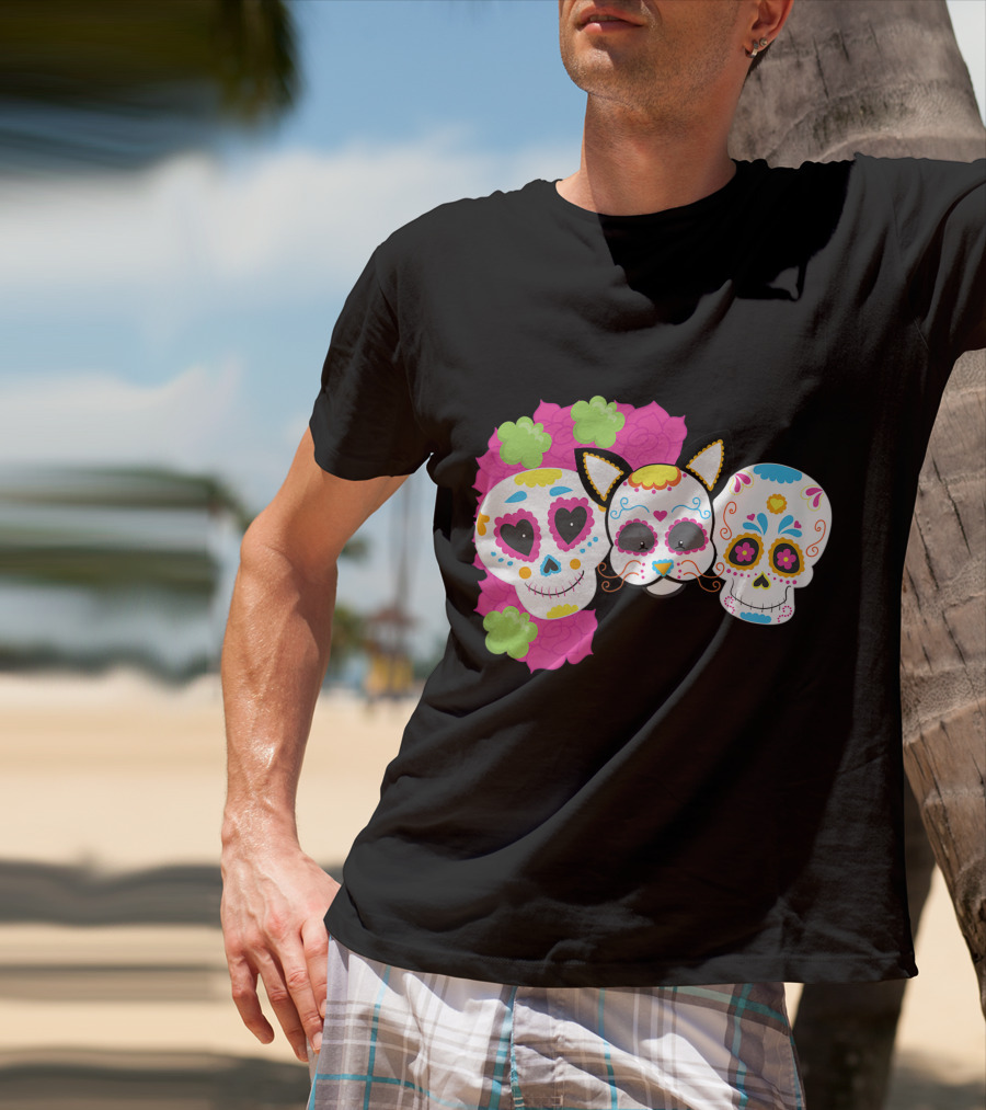 Sugar Skull Cat With Flowers Day Of Dead Floral Skulls T-Shirt