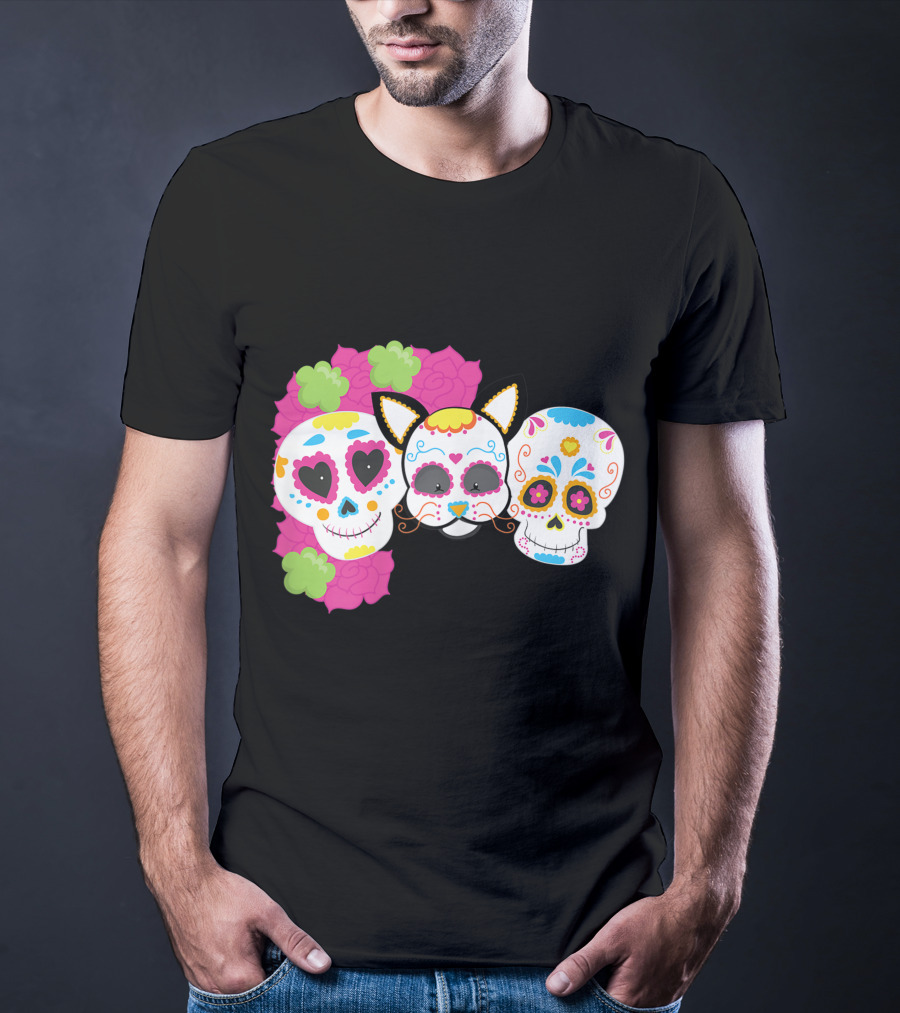 Sugar Skull Cat With Flowers Day Of Dead Floral Skulls T-Shirt