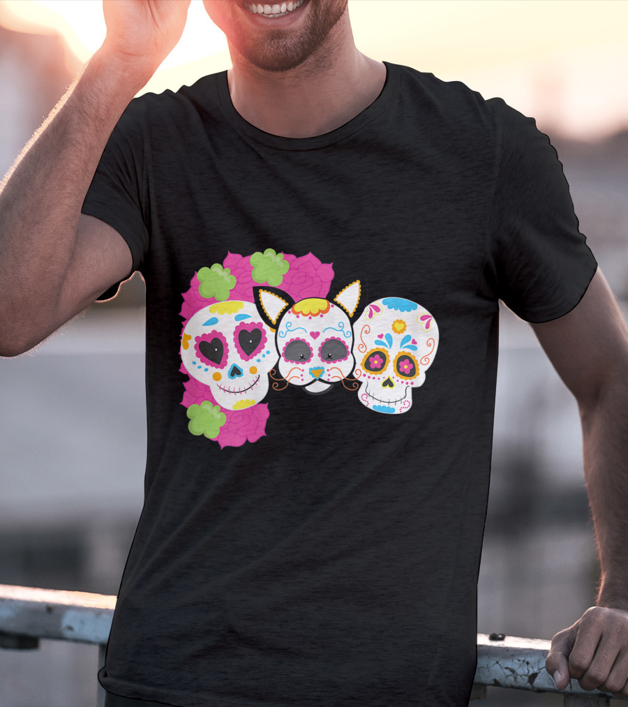 Sugar Skull Cat With Flowers Day Of Dead Floral Skulls T-Shirt