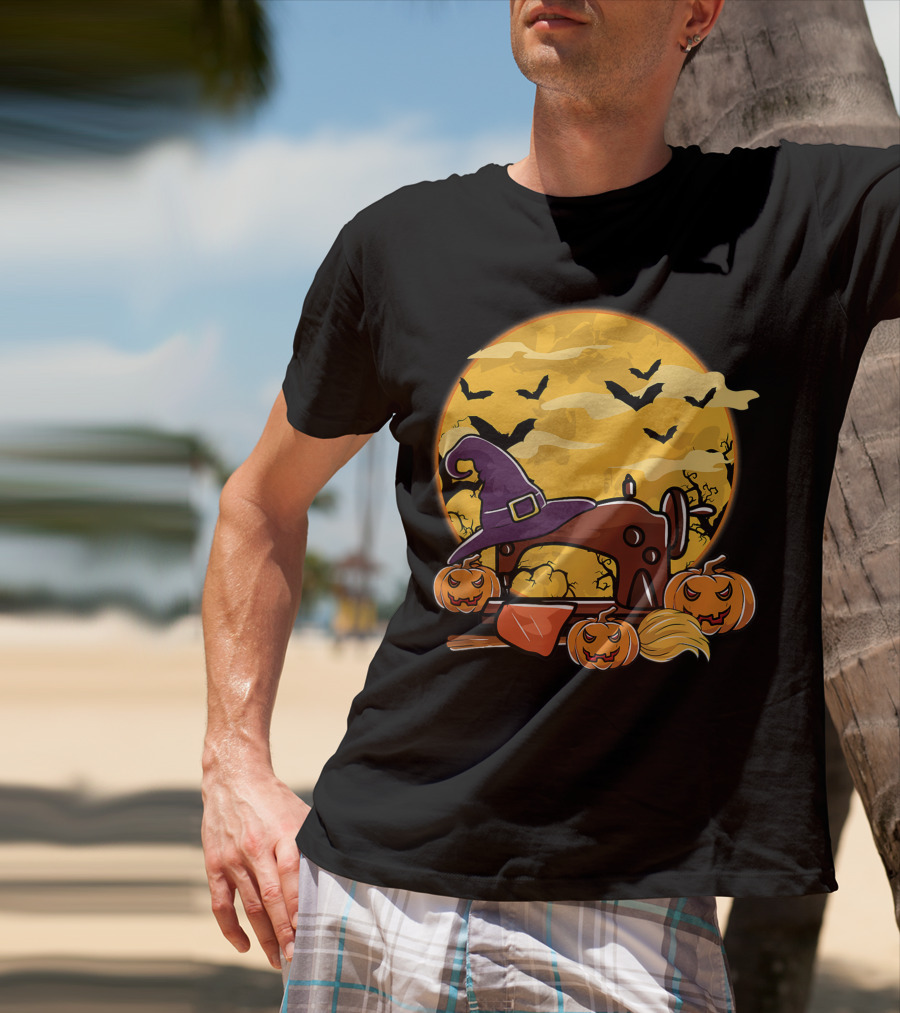 Spooky Sewing Machine With Halloween Pumpkins And Witch Hat In Full Moon Bat Swarm T-Shirt