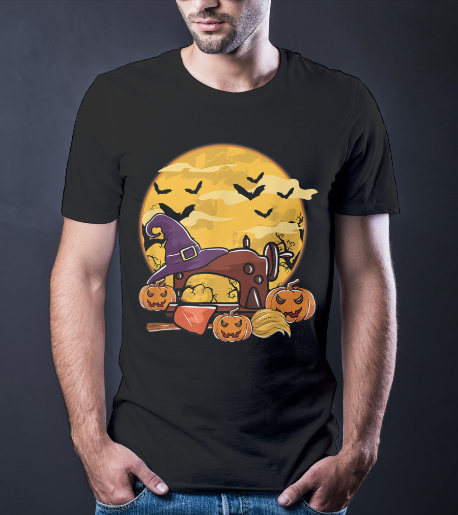Spooky Sewing Machine With Halloween Pumpkins And Witch Hat In Full Moon Bat Swarm T-Shirt