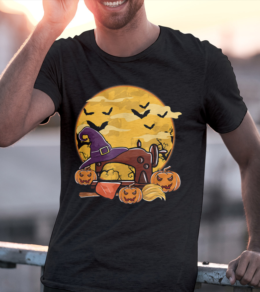 Spooky Sewing Machine With Halloween Pumpkins And Witch Hat In Full Moon Bat Swarm T-Shirt
