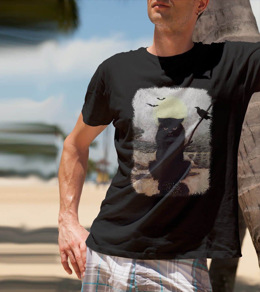 Moonlit Spooky Halloween Scary Black Cat With Bats And Crow T-Shirt