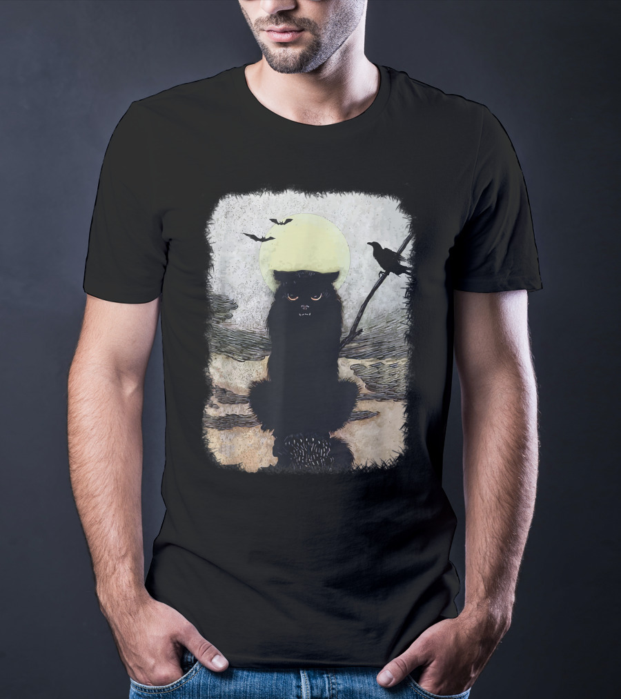 Moonlit Spooky Halloween Scary Black Cat With Bats And Crow T-Shirt