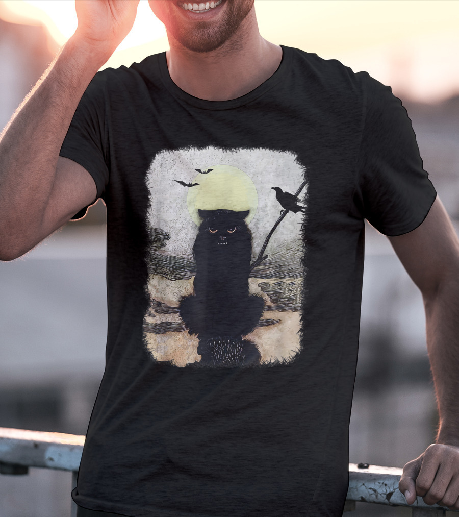 Moonlit Spooky Halloween Scary Black Cat With Bats And Crow T-Shirt