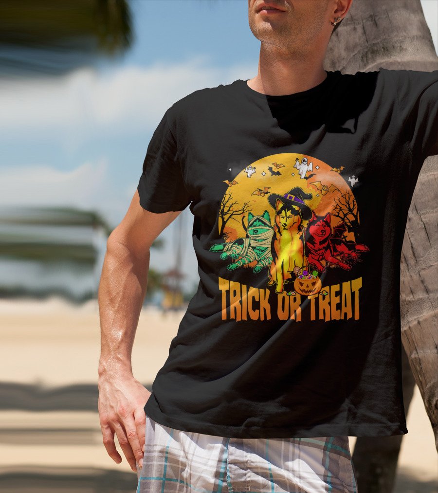 Trick Or Treat Siberian Husky Halloween Ghosts Pumpkins And Bats T-Shirt