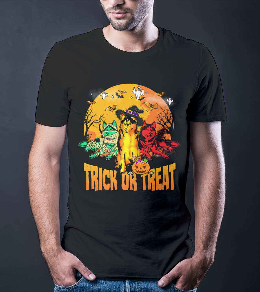 Trick Or Treat Siberian Husky Halloween Ghosts Pumpkins And Bats T-Shirt