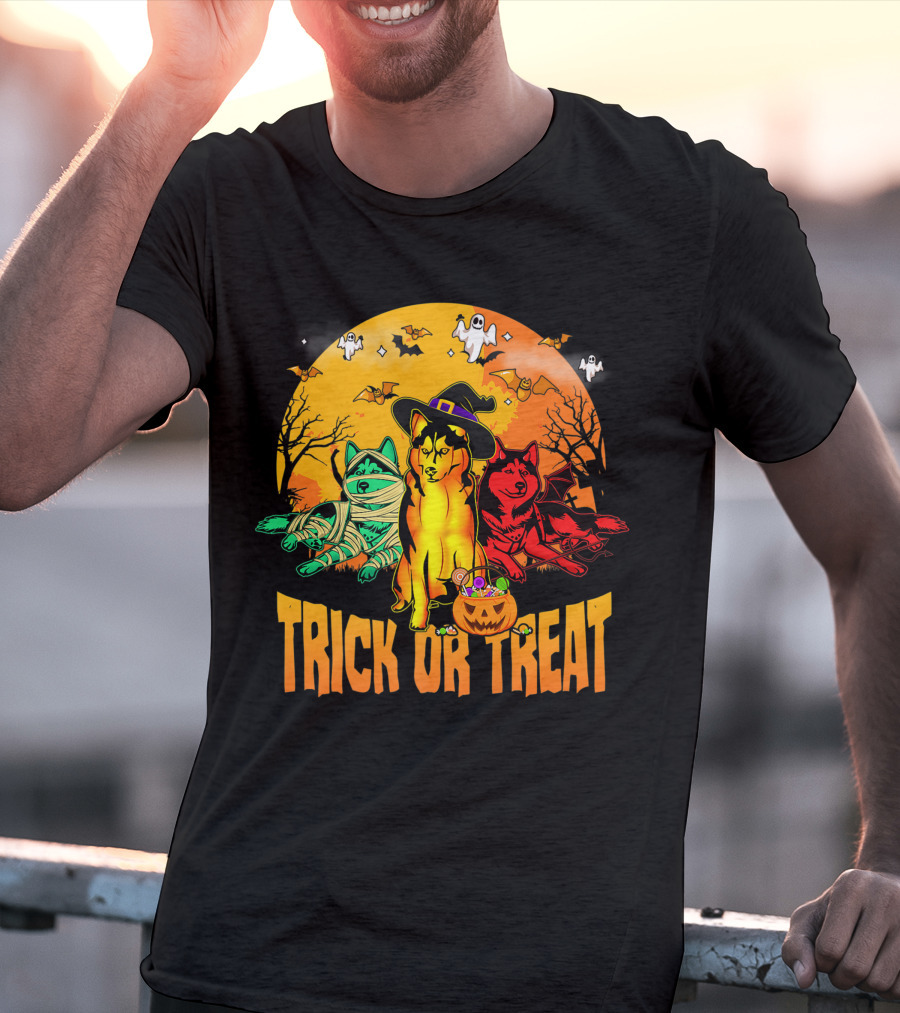 Trick Or Treat Siberian Husky Halloween Ghosts Pumpkins And Bats T-Shirt