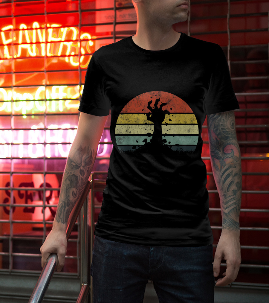 Vintage Retro Scary Zombie Hand Rising In Striped Sunset Background T-Shirt