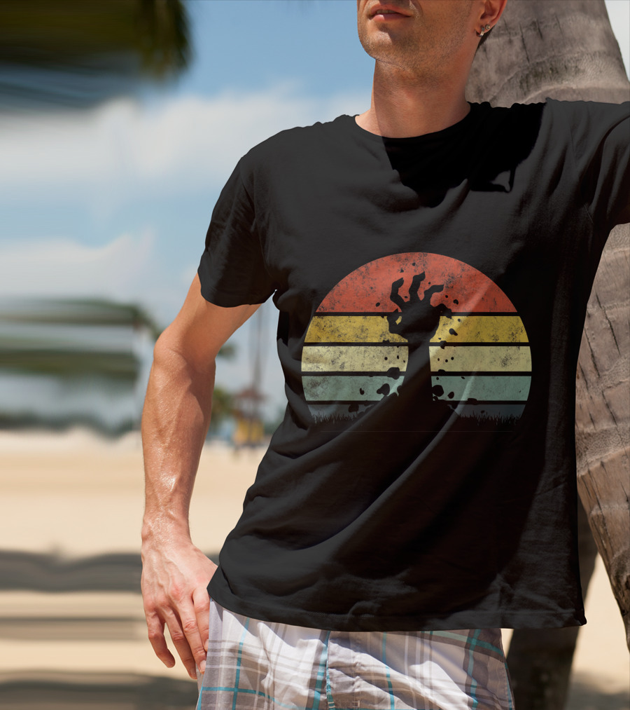 Vintage Retro Scary Zombie Hand Rising In Striped Sunset Background T-Shirt