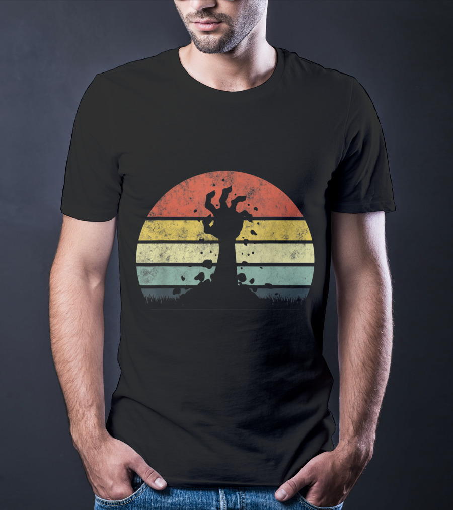 Vintage Retro Scary Zombie Hand Rising In Striped Sunset Background T-Shirt