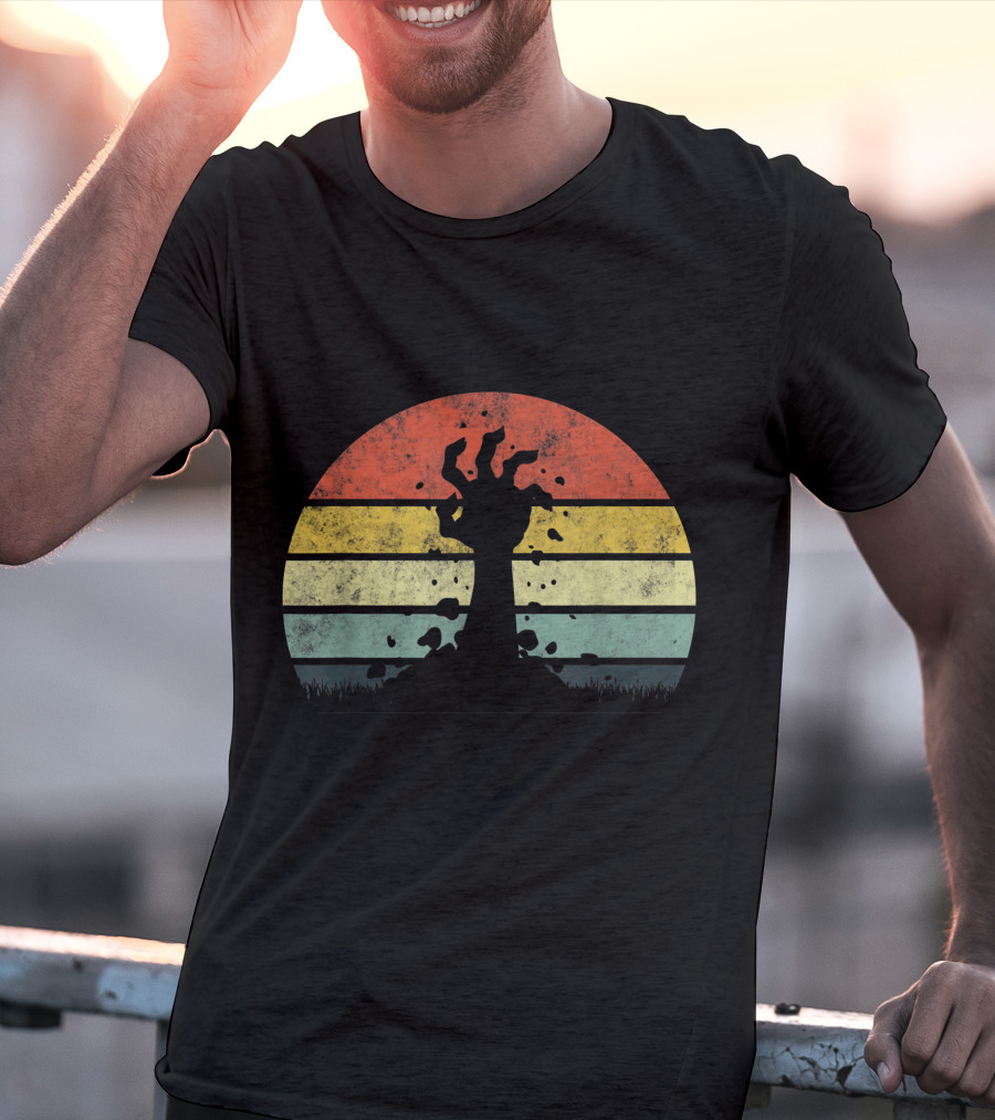 Vintage Retro Scary Zombie Hand Rising In Striped Sunset Background T-Shirt