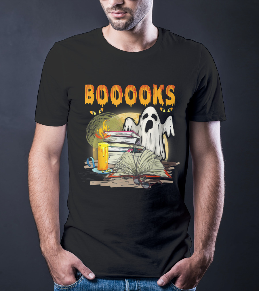 BOOOOKS Cute Ghost With Candles And Stacks Of Books T-Shirt