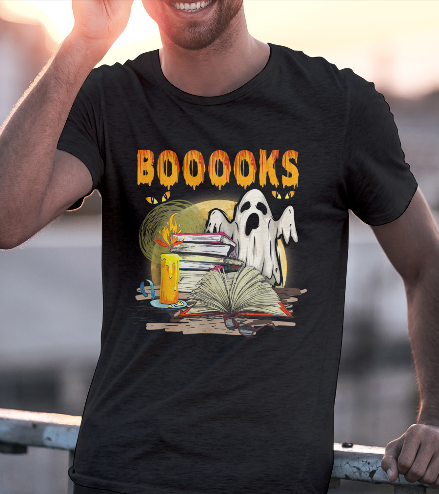 BOOOOKS Cute Ghost With Candles And Stacks Of Books T-Shirt