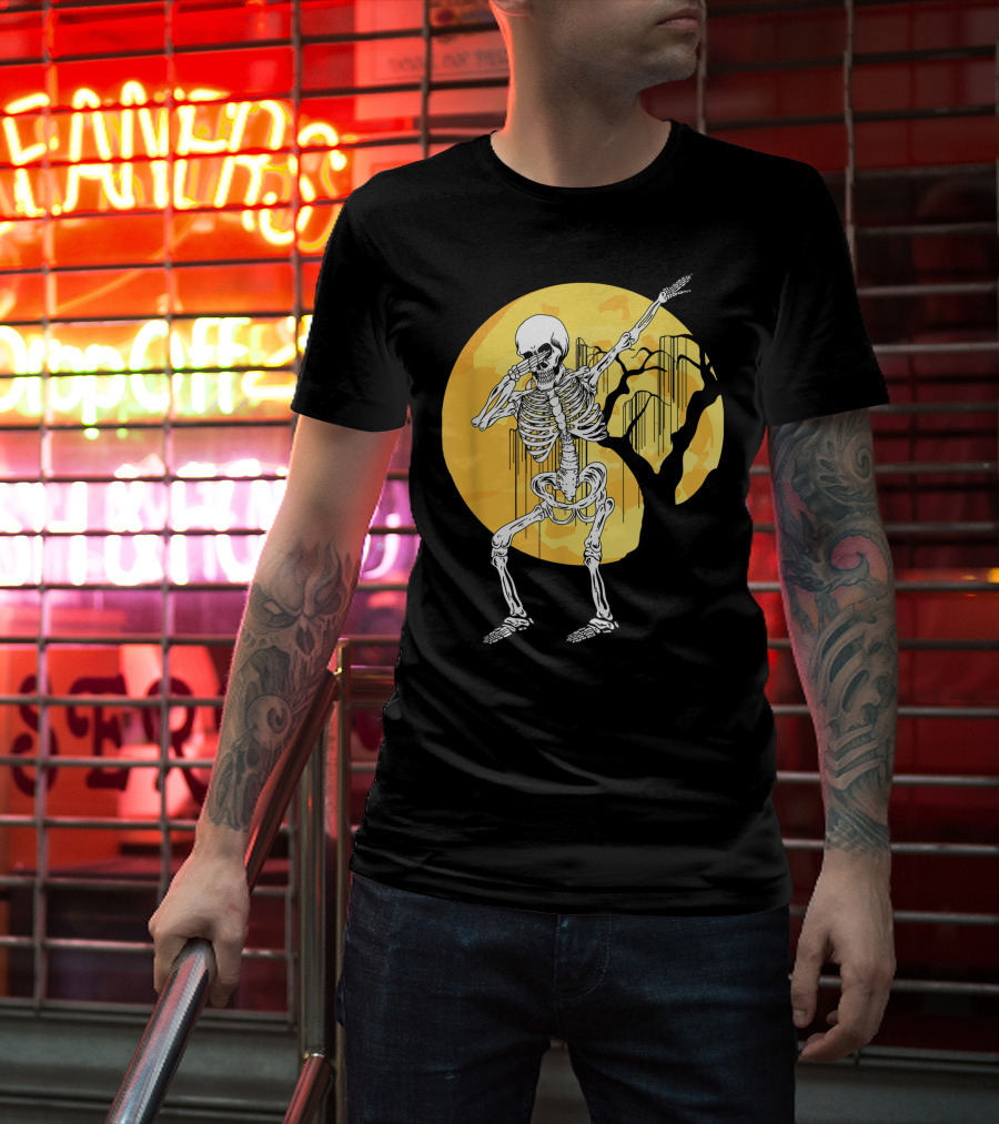 Dabbing Skeleton In Front Of Yellow Moon With Tree T-Shirt