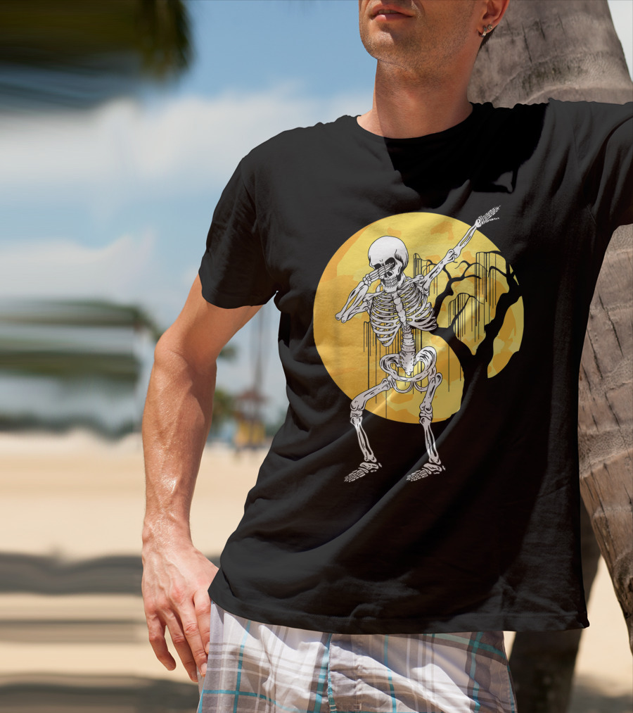Dabbing Skeleton In Front Of Yellow Moon With Tree T-Shirt