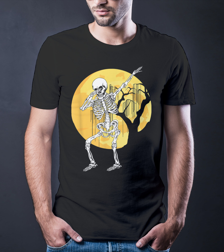 Dabbing Skeleton In Front Of Yellow Moon With Tree T-Shirt