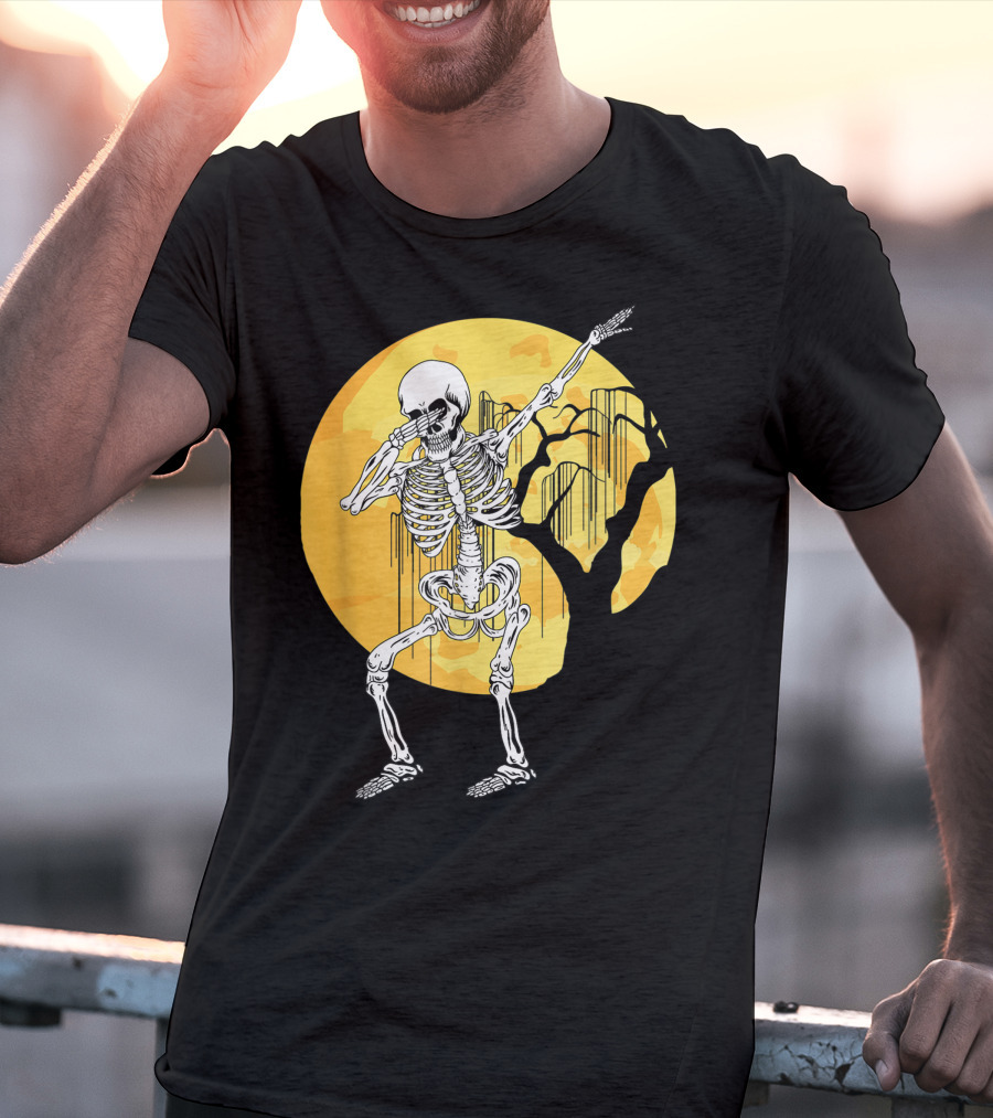 Dabbing Skeleton In Front Of Yellow Moon With Tree T-Shirt