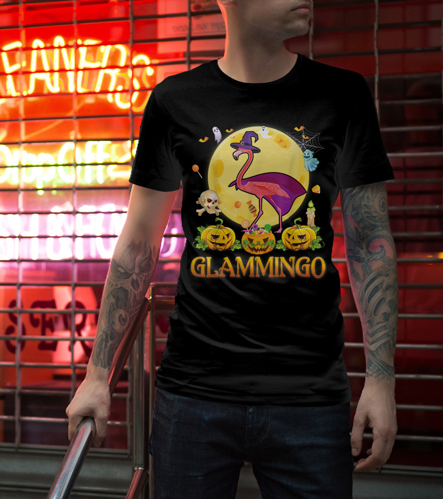 Glammingo Witch Flamingo Halloween Pumpkin Moon Ghosts Skulls Candy T-Shirt