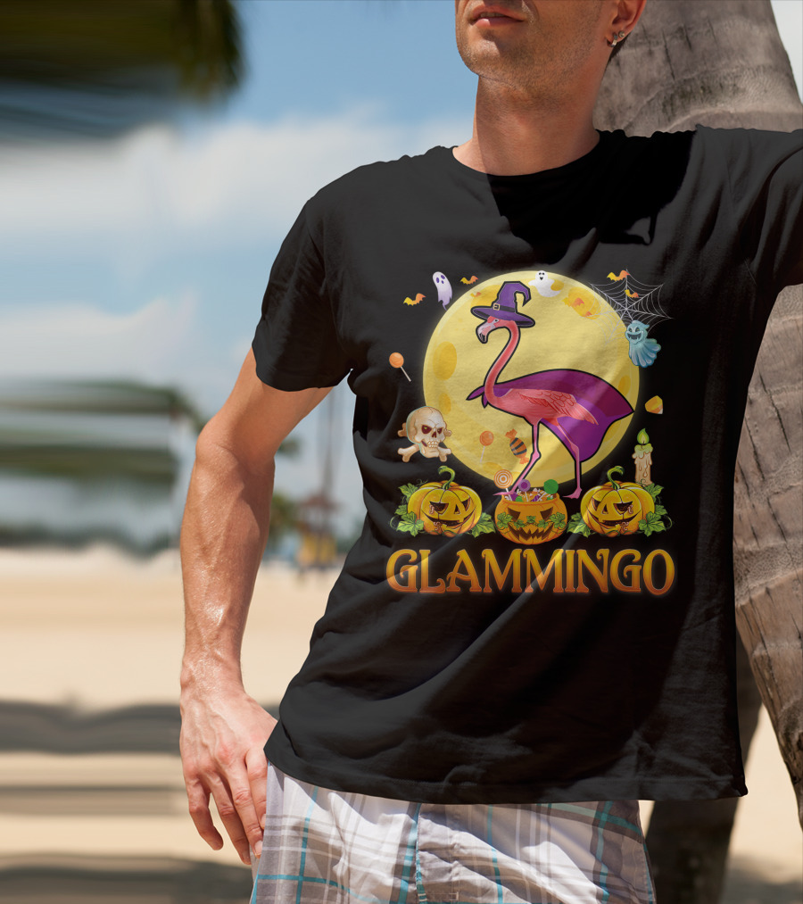 Glammingo Witch Flamingo Halloween Pumpkin Moon Ghosts Skulls Candy T-Shirt