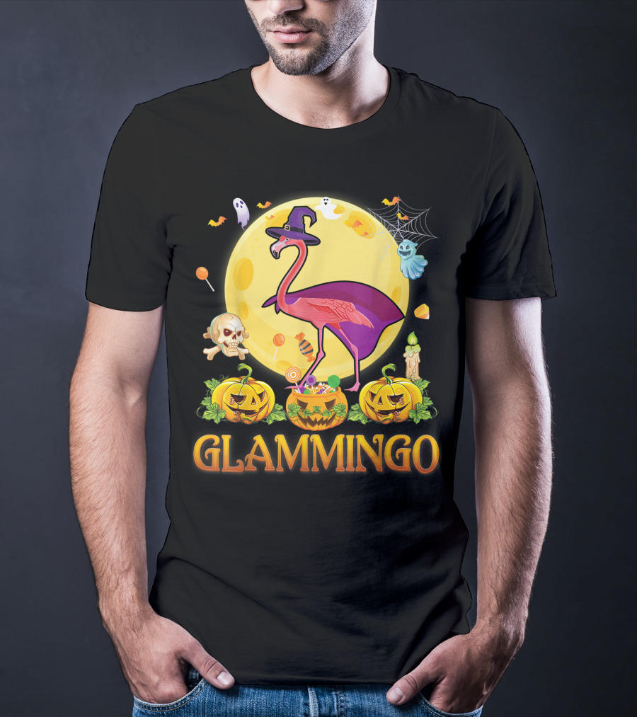 Glammingo Witch Flamingo Halloween Pumpkin Moon Ghosts Skulls Candy T-Shirt