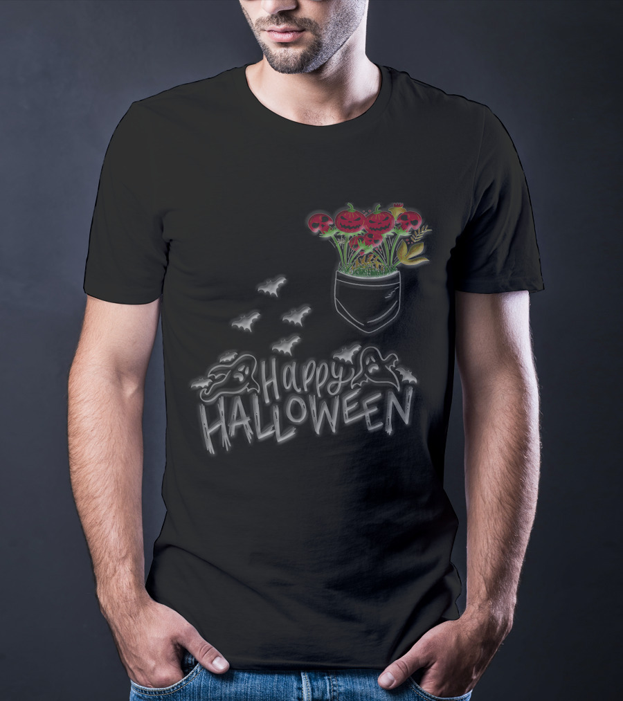 Happy Halloween Spooky Ghost Bat Pumpkin Flower Pocket T-Shirt