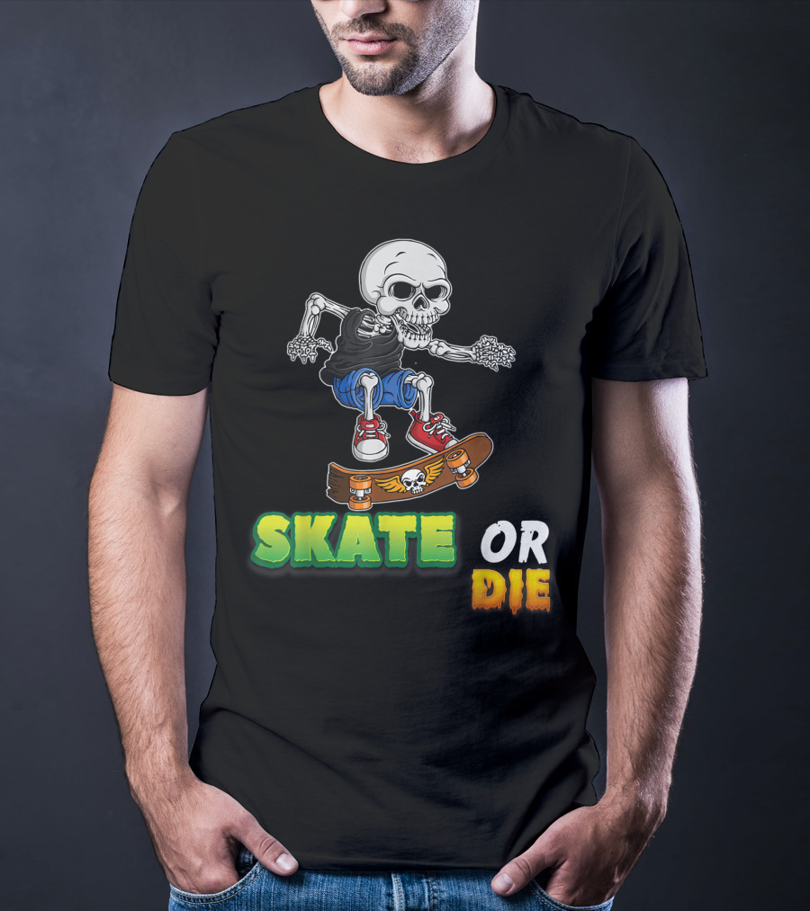 Skate Or Die Skeleton Skating Skull On Skateboard T-Shirt