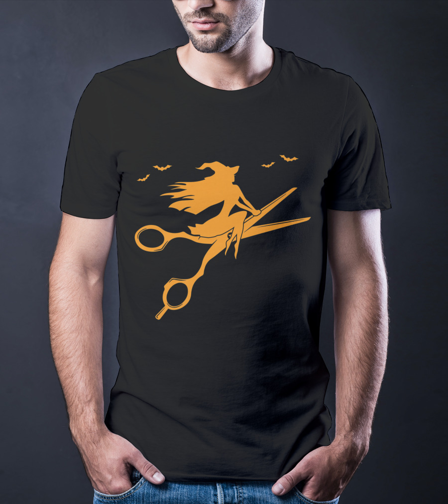 Witch On Scissors Broom With Bats Hair Stylist T-Shirt