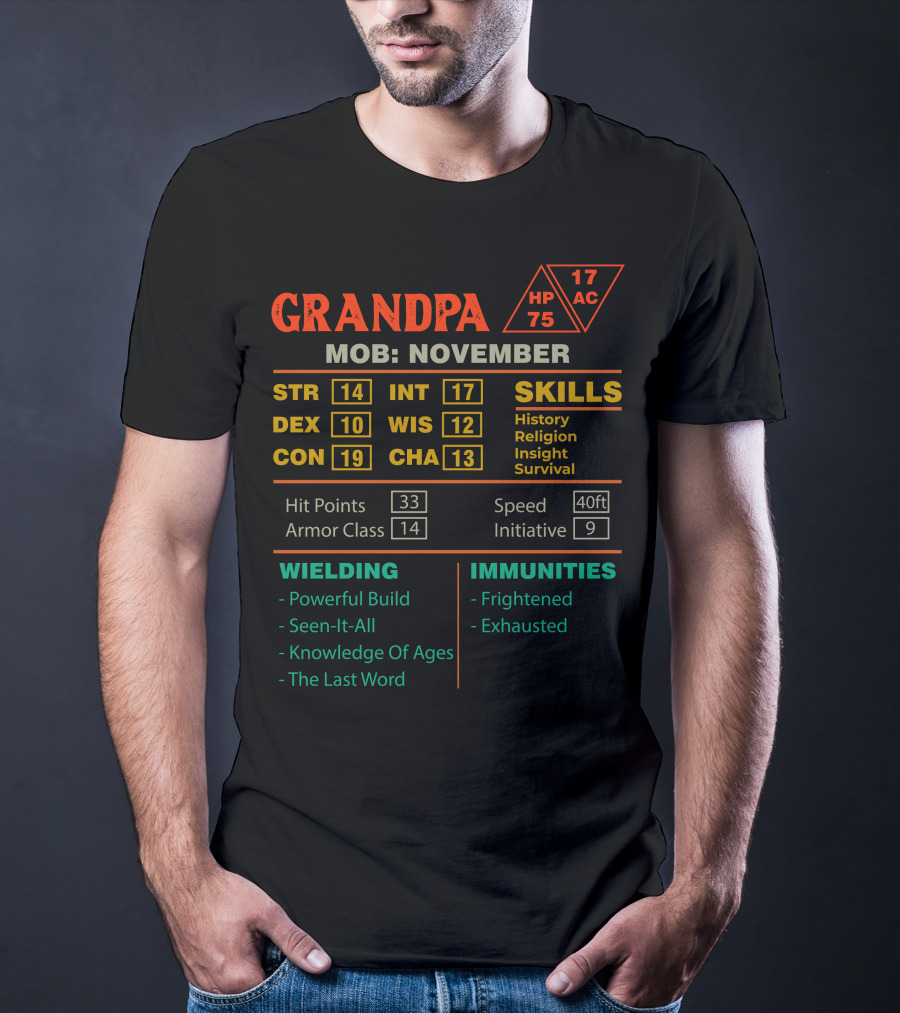 Grandpa Stats Character Sheet November MOB Powerful Build Seen-It-All Skills Immunities T-Shirt